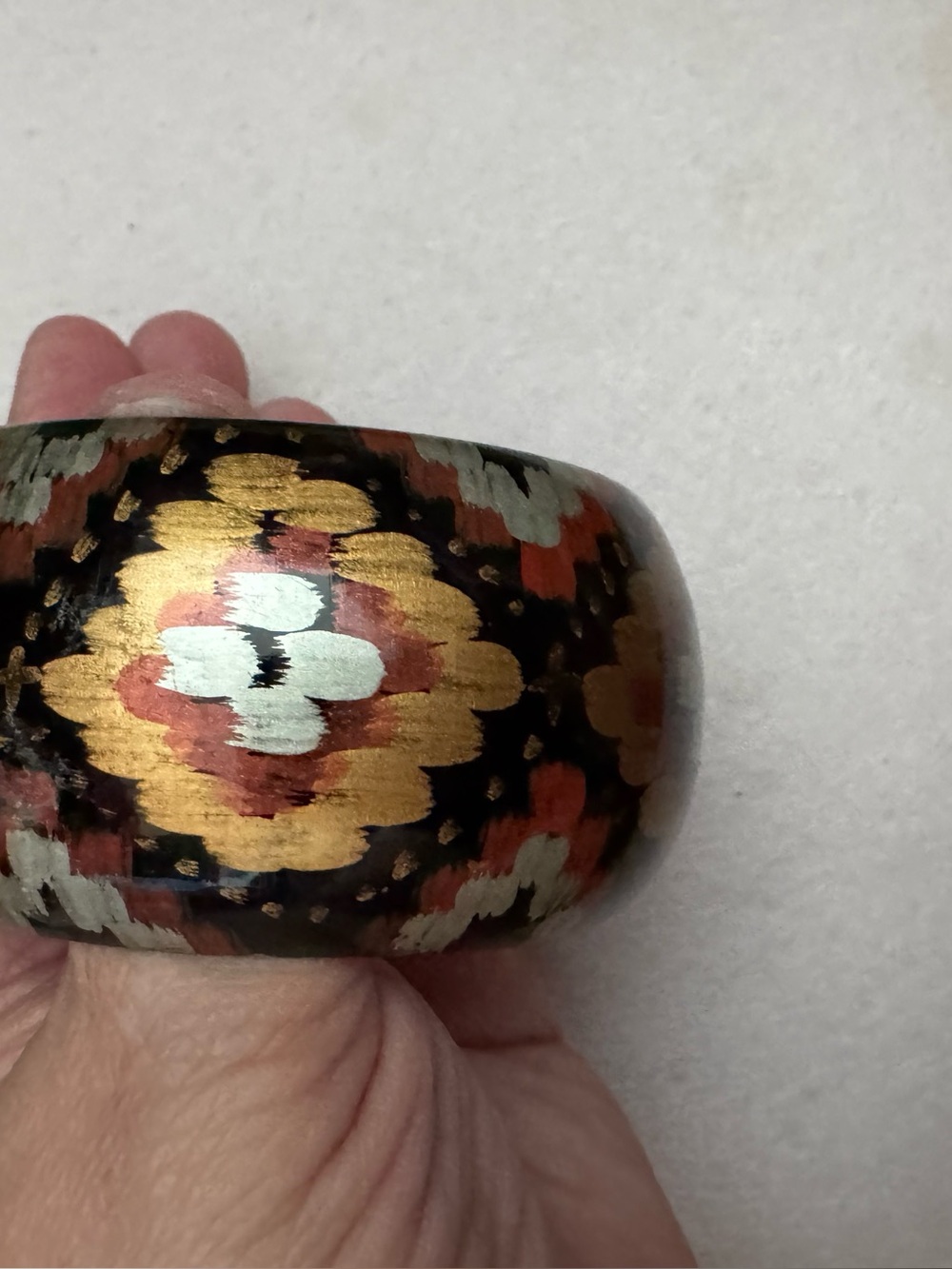 Hand-Painted Floral Pattern Wooden Bangle in Black, Gold and Coral